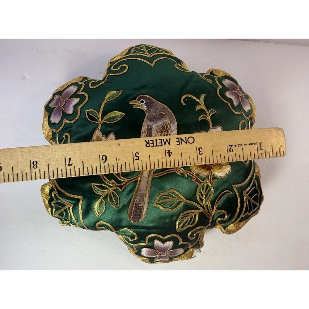 NOS Vintage Silk Chinoiserie Pillow Gold Bullion Metallic Embroidered Green Bird